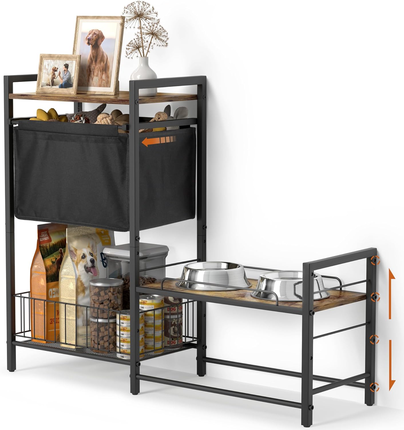 Adjustable Elevated Dog Bowl Stand with Toy Bin