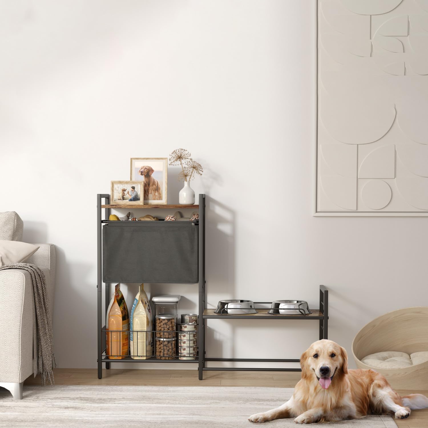 Adjustable Elevated Dog Bowl Stand with Toy Bin