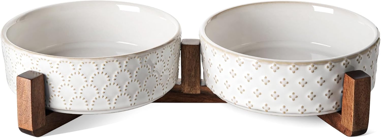 Ceramic Bowl Set with Acacia Wood Stand, 1.8 Cup