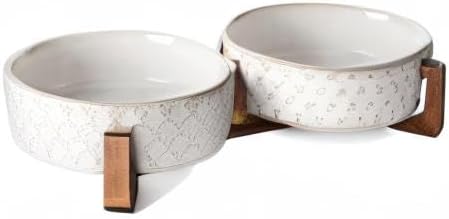 Ceramic Bowl Set with Acacia Wood Stand, 1.8 Cup