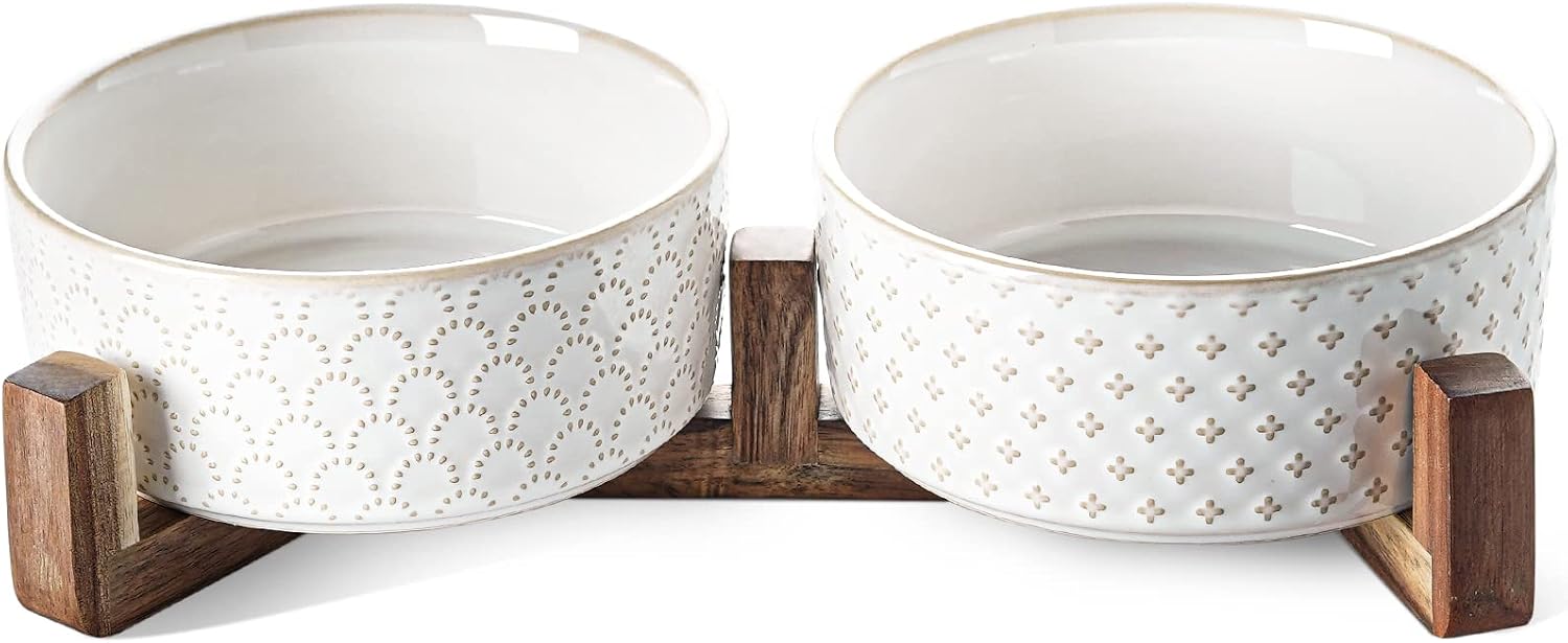 Ceramic Bowl Set with Acacia Wood Stand, 1.8 Cup