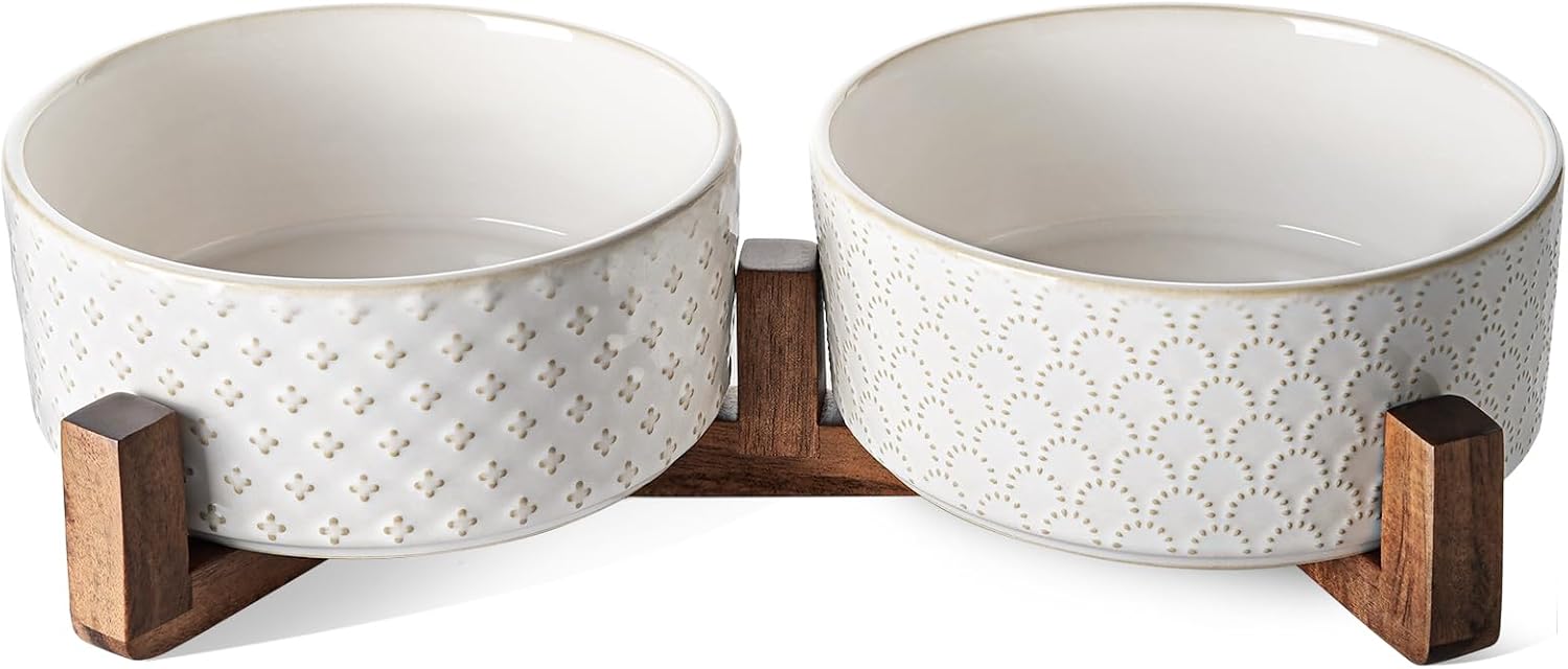 Ceramic Bowl Set with Acacia Wood Stand, 1.8 Cup