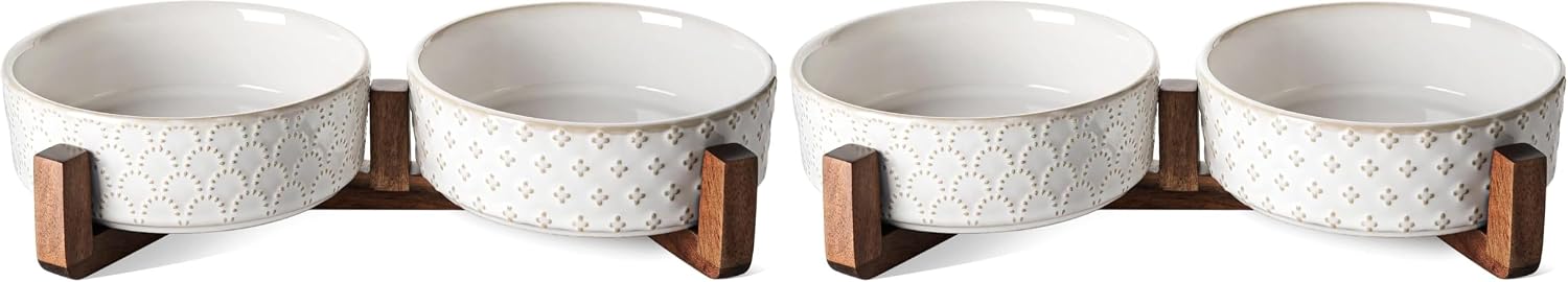 Ceramic Bowl Set with Acacia Wood Stand, 1.8 Cup