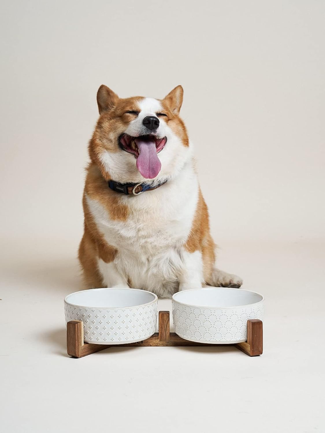 Ceramic Bowl Set with Acacia Wood Stand, 1.8 Cup