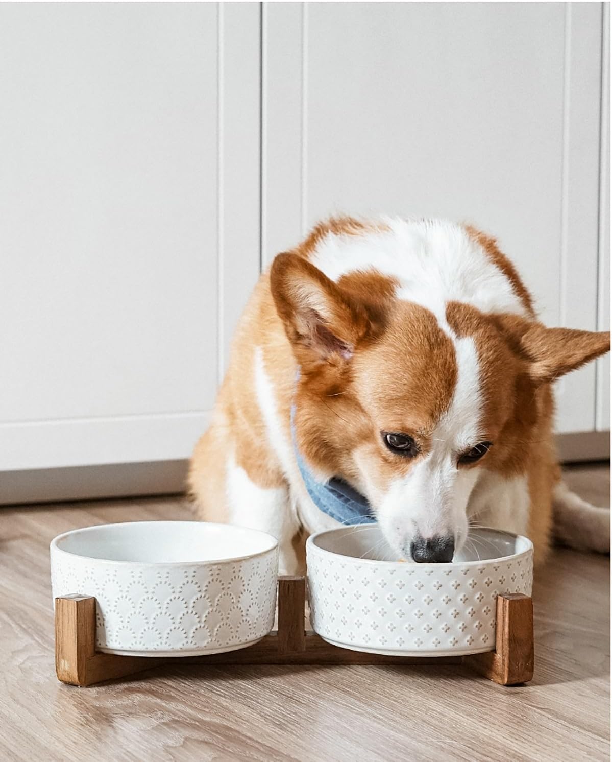 Ceramic Bowl Set with Acacia Wood Stand, 1.8 Cup