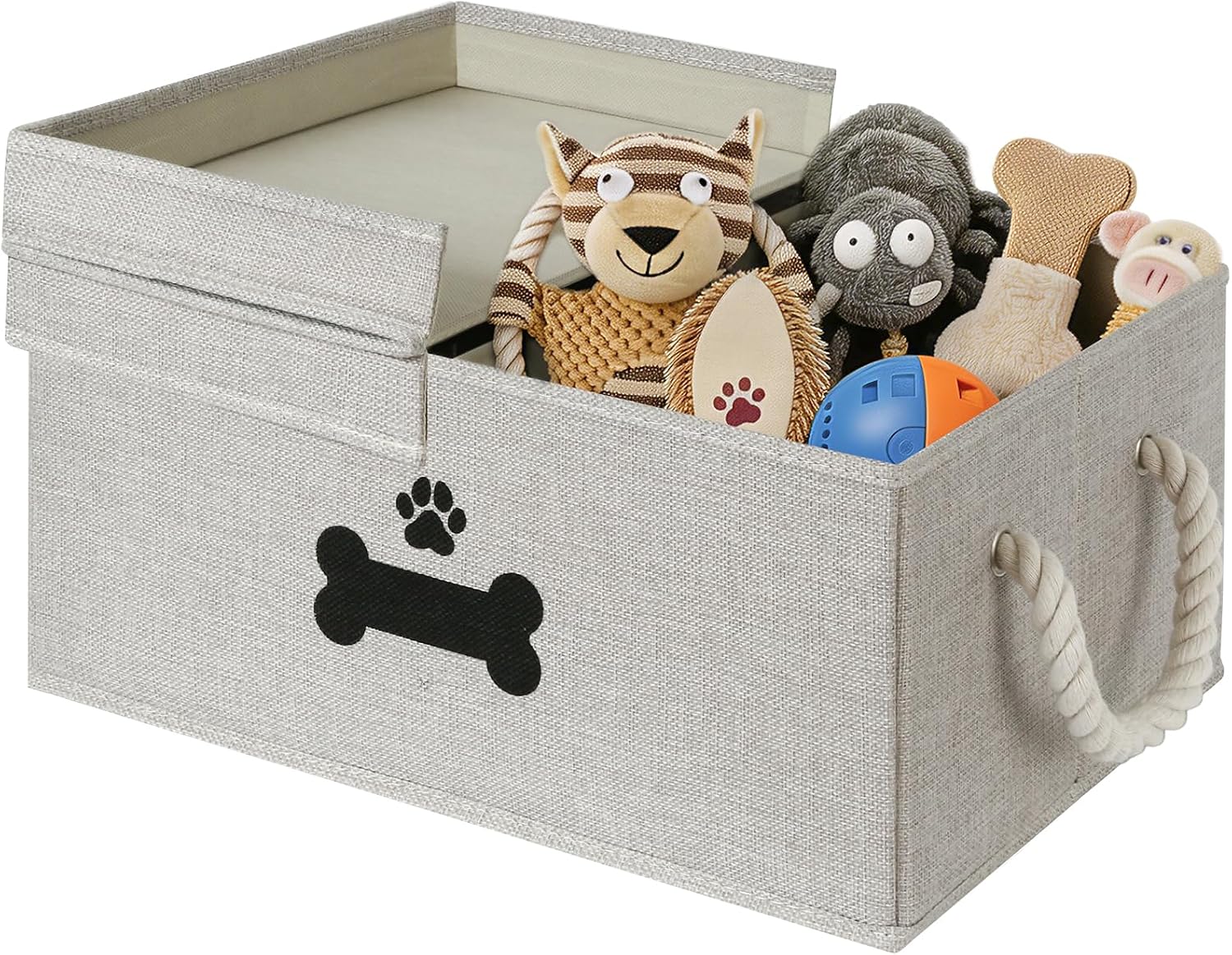 Lidded Toy Basket with Rope Handles, Beige