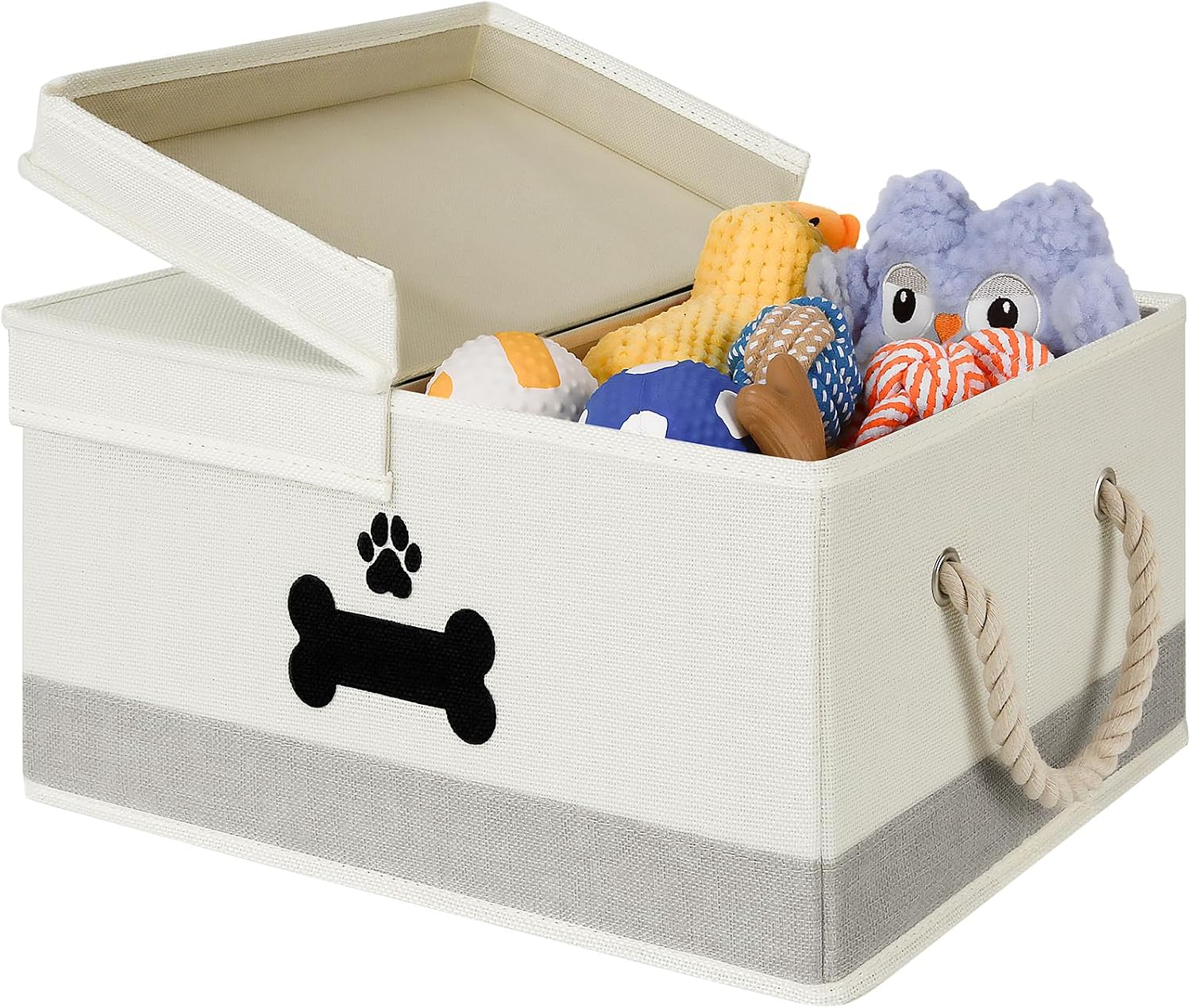 Lidded Toy Basket with Rope Handles, Beige