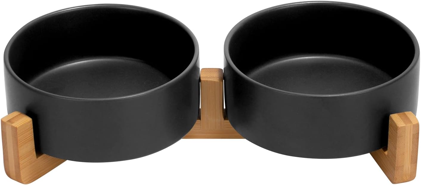 Matte Ceramic Bowl and Wood Stand, 13.5 oz