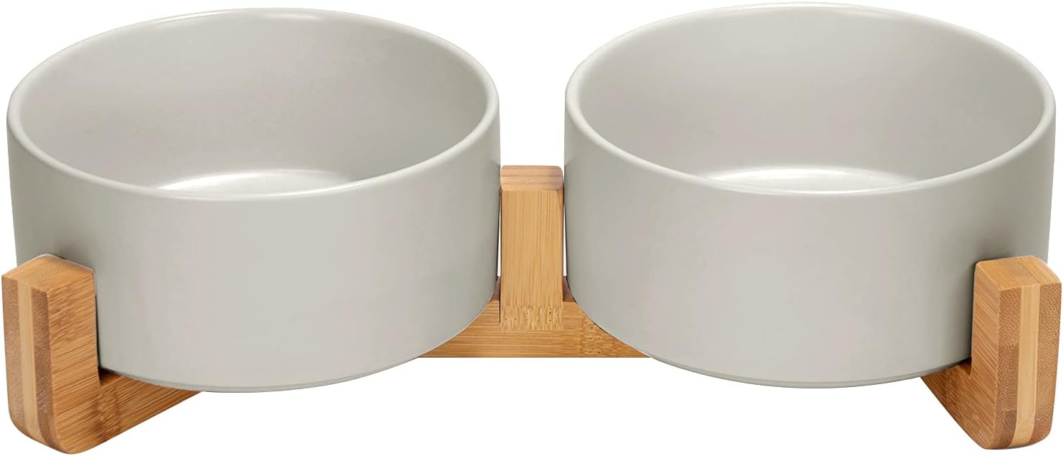 Matte Ceramic Bowl and Wood Stand, 13.5 oz