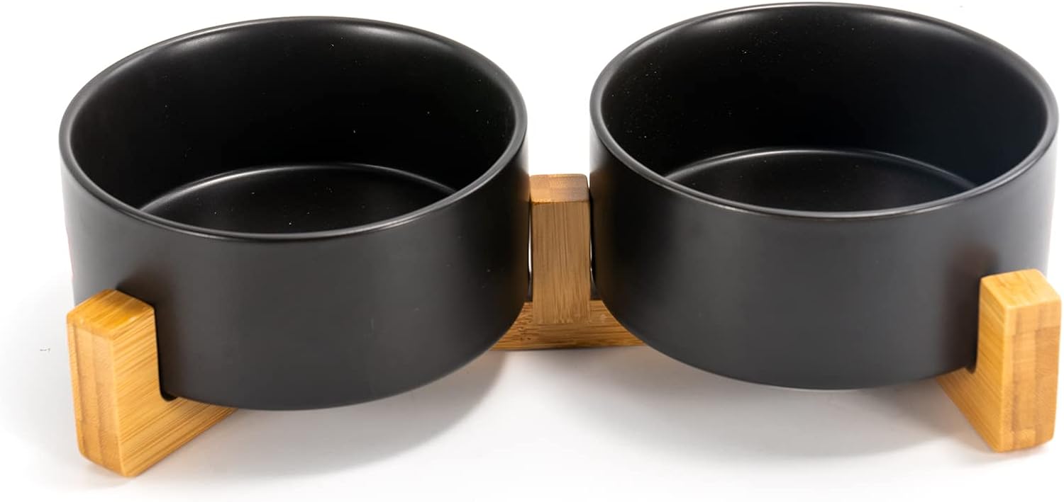 Matte Ceramic Bowl and Wood Stand, 13.5 oz