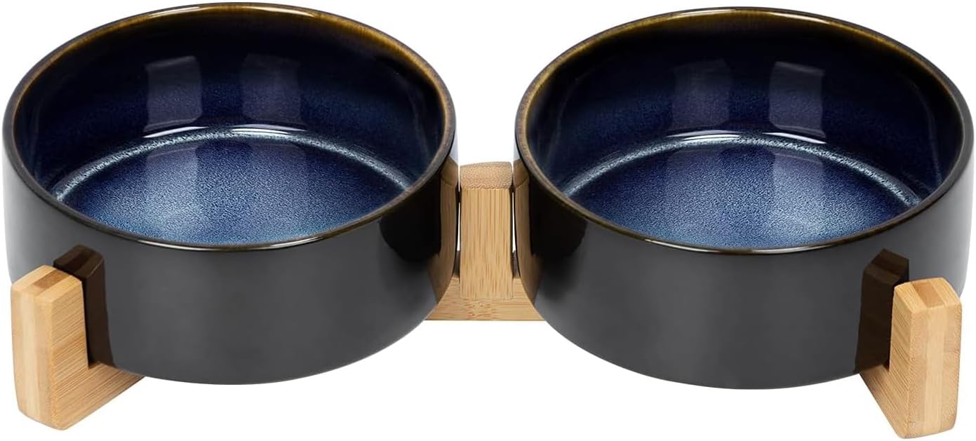 Matte Ceramic Bowl and Wood Stand, 13.5 oz