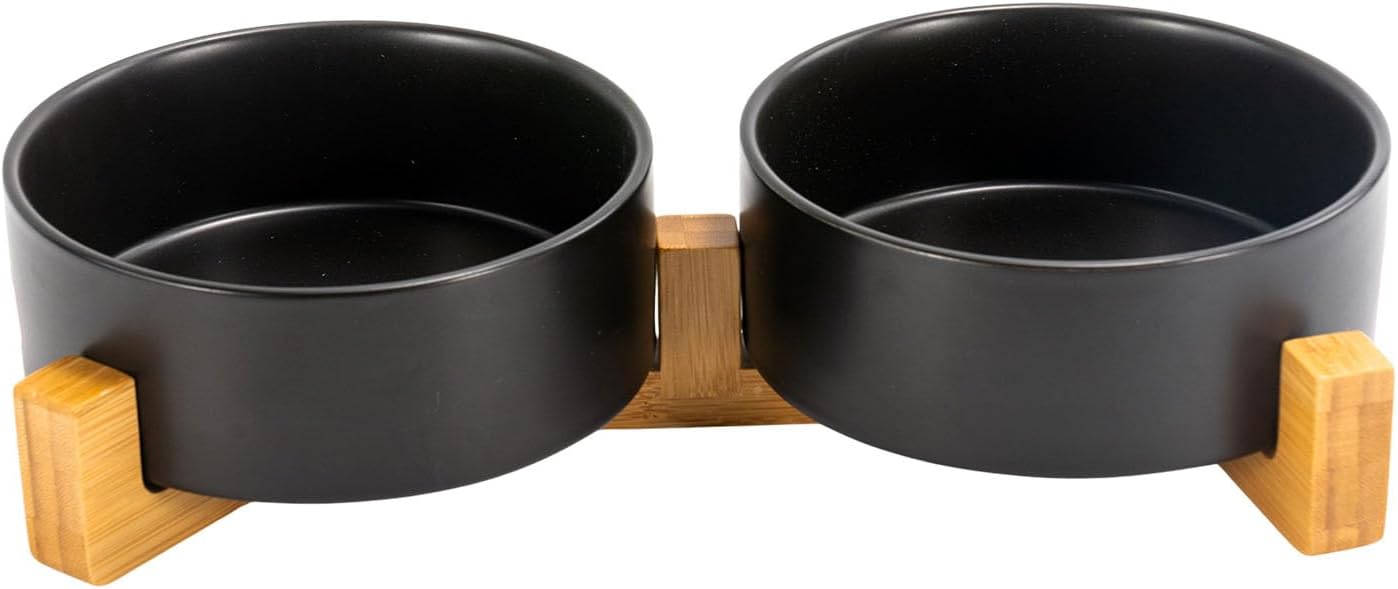 Matte Ceramic Bowl and Wood Stand, 13.5 oz