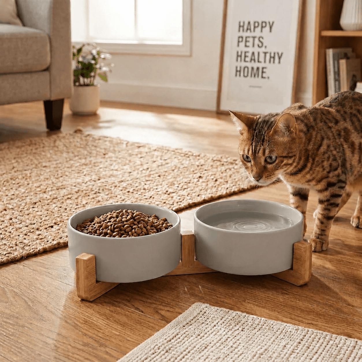 Matte Ceramic Bowl and Wood Stand, 13.5 oz