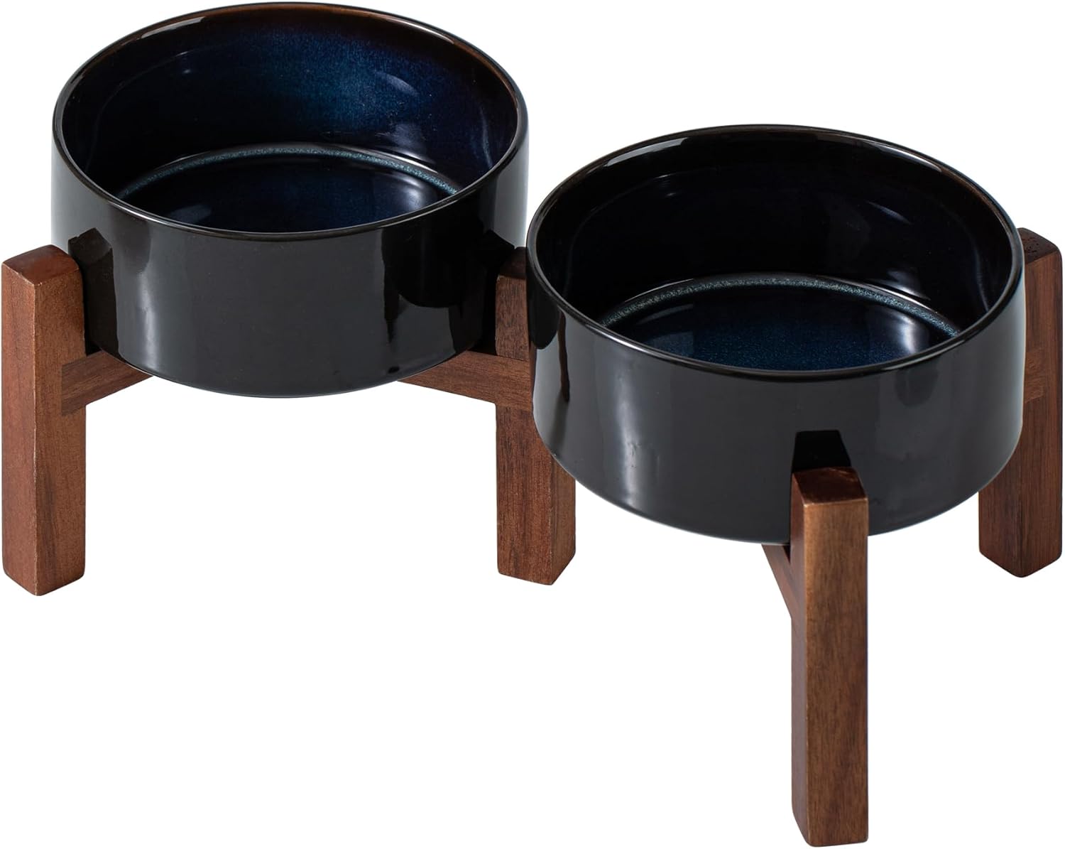 Raised Ceramic Bowl Set on Acacia Stand, 27 oz