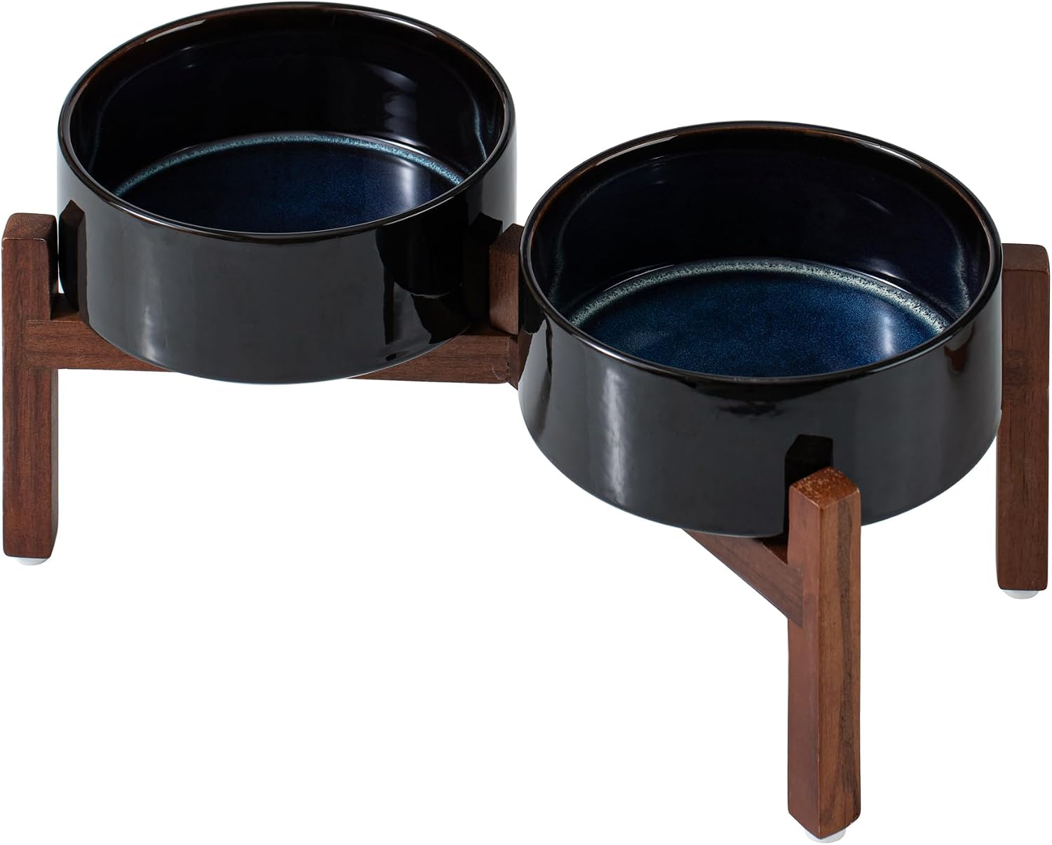 Raised Ceramic Bowl Set on Acacia Stand, 27 oz