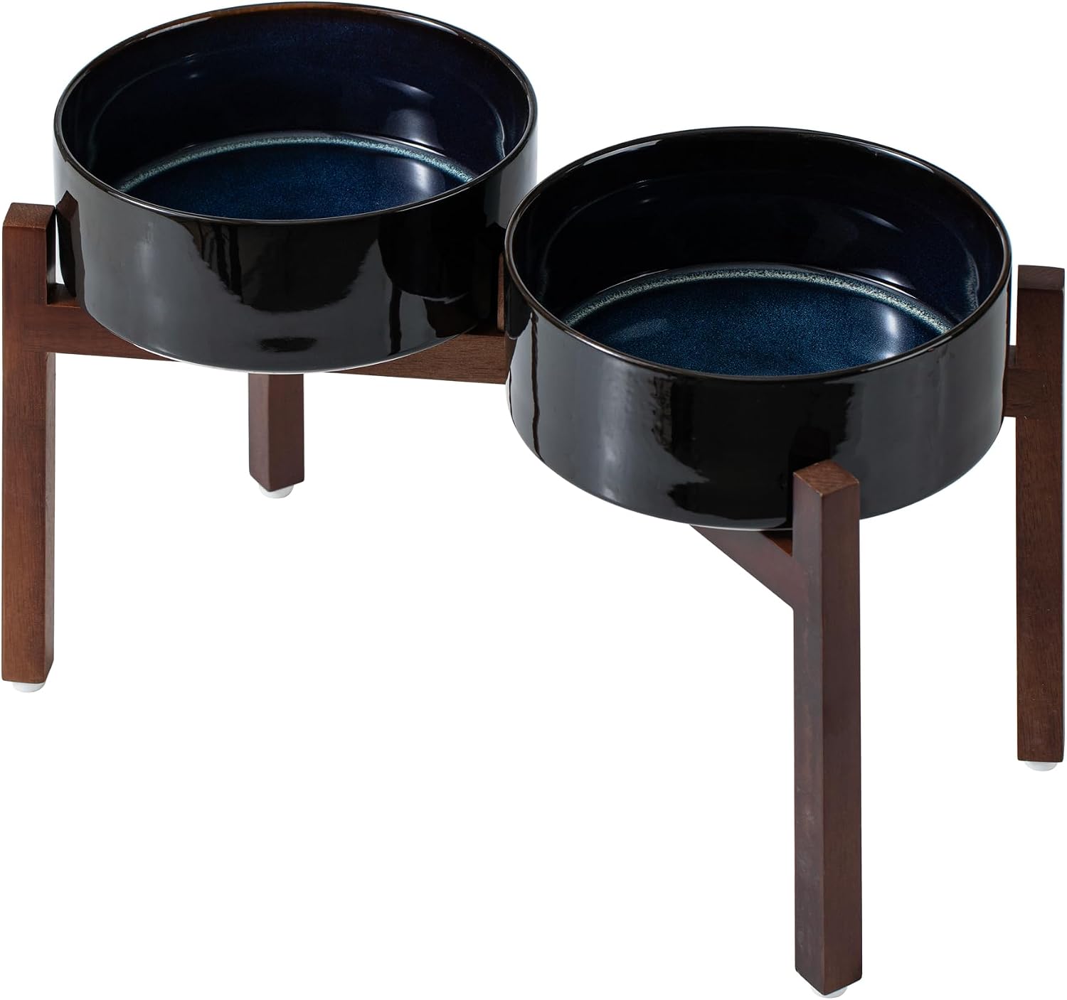 Raised Ceramic Bowl Set on Acacia Stand, 27 oz