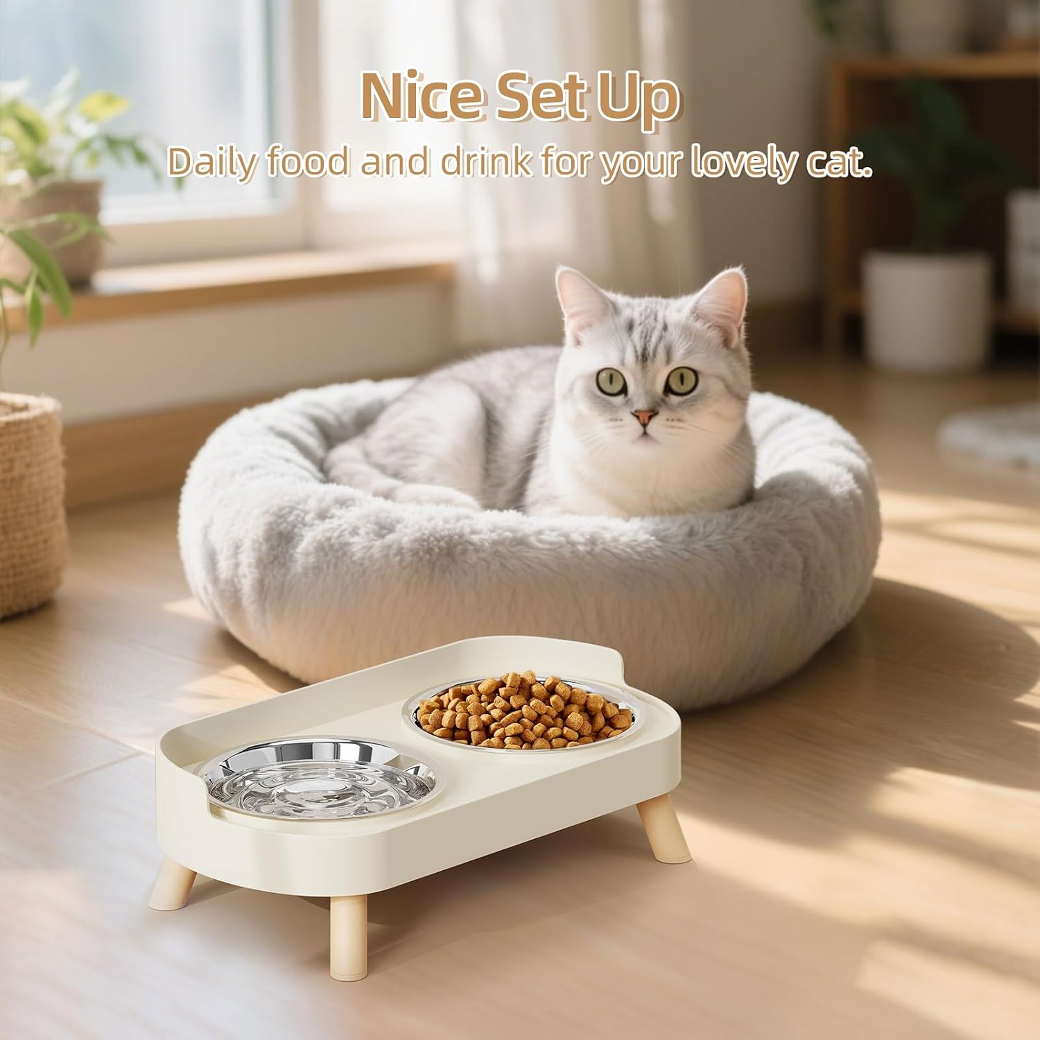 Splash-Proof Raised Cat Bowls, Stainless Steel