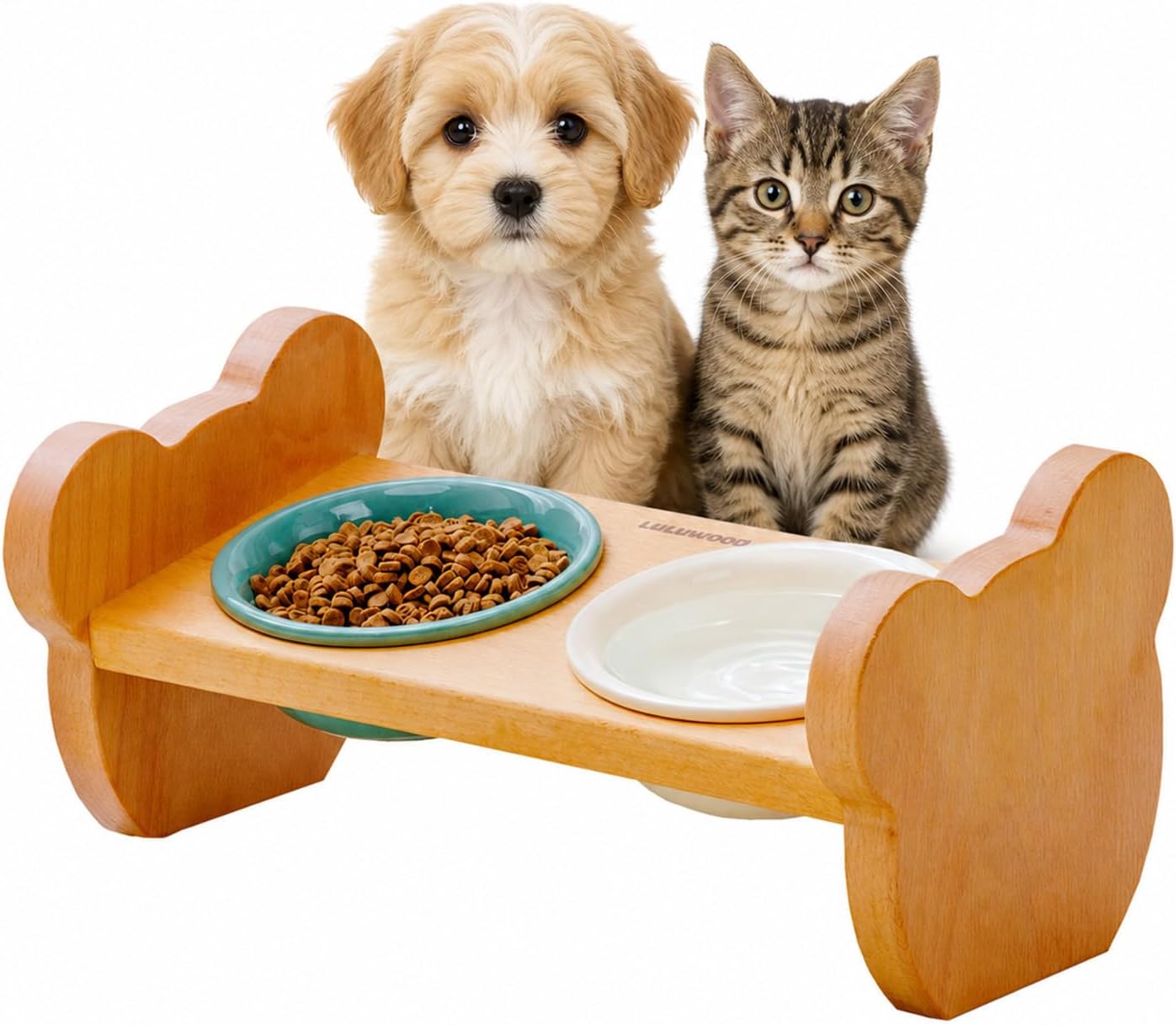 Tilted Double Ceramic Cat Bowls with Beech Stand