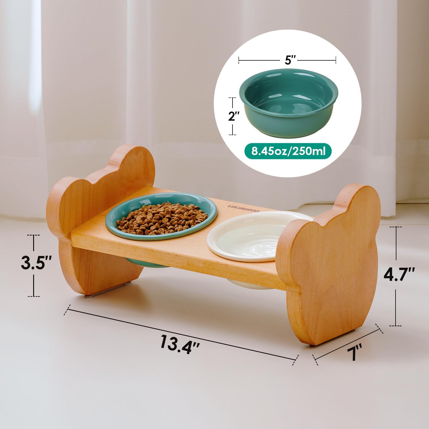 Tilted Double Ceramic Cat Bowls with Beech Stand