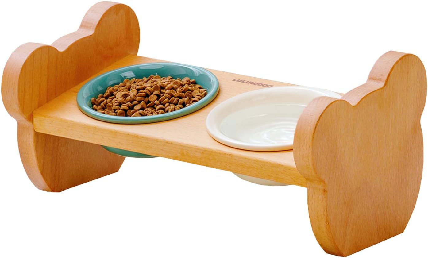 Tilted Double Ceramic Cat Bowls with Beech Stand