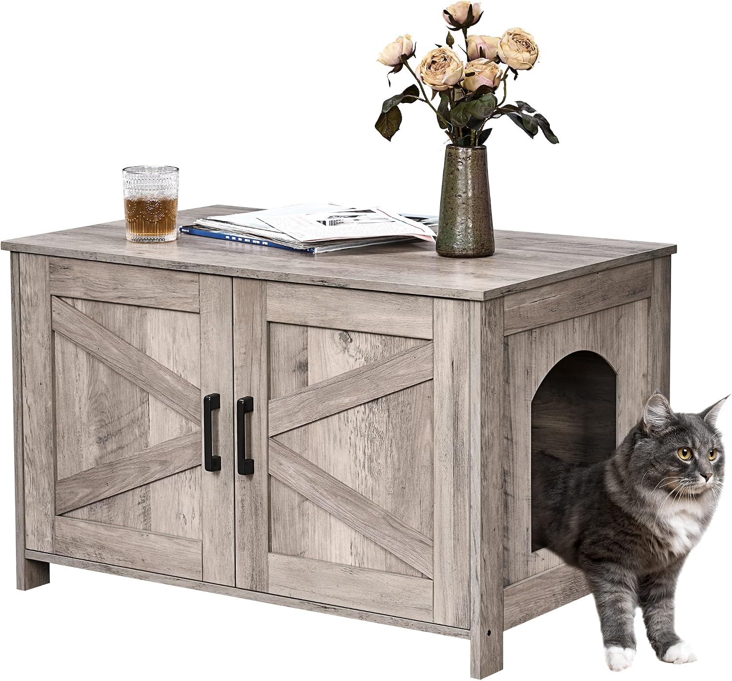 Wooden Litter Box Enclosure with Barn Door, 31.5 in