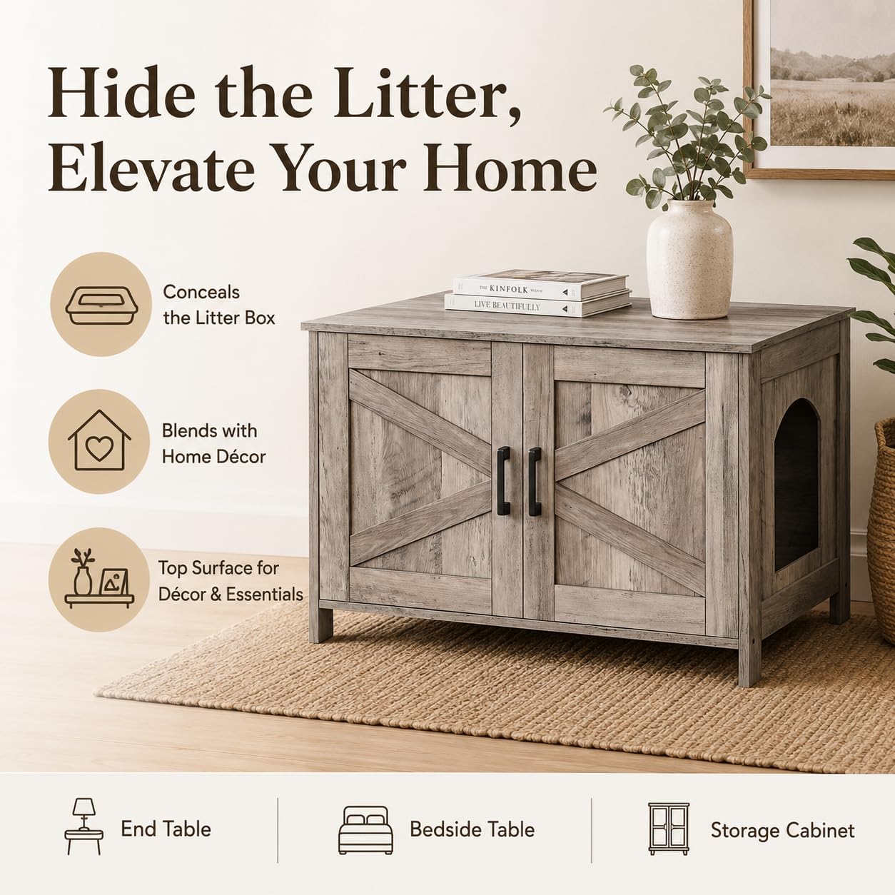 Wooden Litter Box Enclosure with Barn Door, 31.5 in